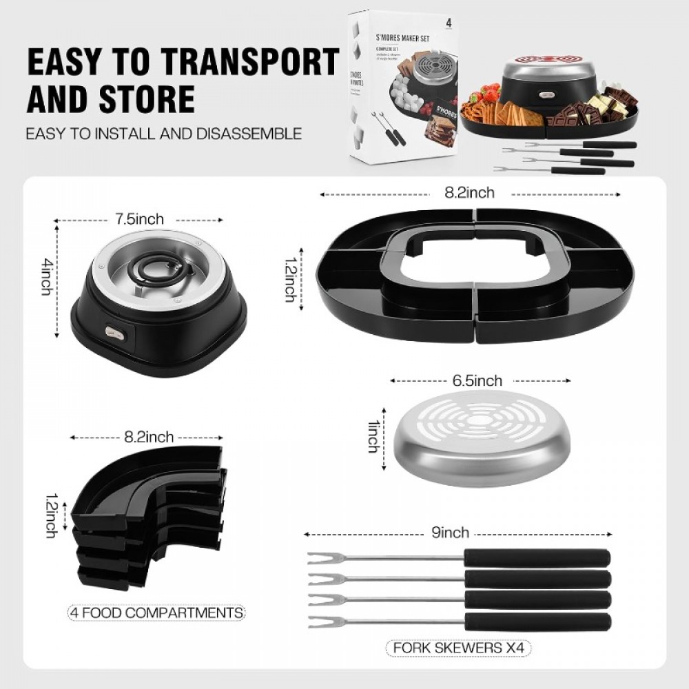 Electric S'mores Maker Flameless Indoor Marshmallow Roaster with 4 Roasting Sticks & 4 Trays - Tabletop Suitable for Movie Night, Camping Parties, for Ages - Compact S'mores Maker for Gifts (No Flame)