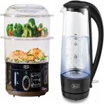 Two Tier Food Steamer, 7.4 QT, Black 1.7 Liter Glass Electric Kettle, Quickly Boil 7 Cups of Water in 6 - 7 Minutes, Soft Blue LED Lights Illuminate While Boiling, Black