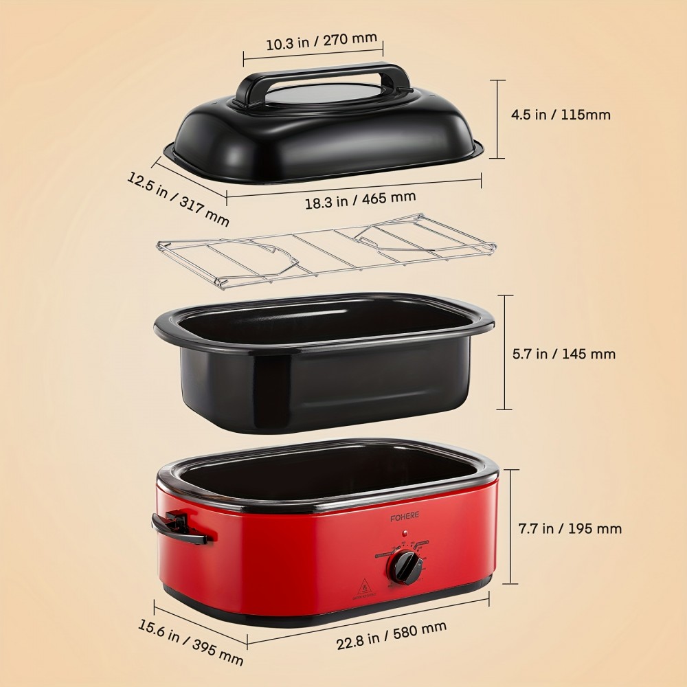 26 Quart Electric Roaster with Self-Basting Lid & Removable Pan - Adjustable Temperature, Keep Warm, Cool-Touch Handles, Glass Lid Suitable for Turkey Roasting, Buffet, & Commercial Use