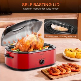 26 Quart Electric Roaster with Self-Basting Lid & Removable Pan - Adjustable Temperature, Keep Warm, Cool-Touch Handles, Glass Lid Suitable for Turkey Roasting, Buffet, & Commercial Use