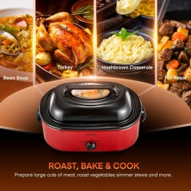 26 Quart Electric Roaster with Self-Basting Lid & Removable Pan - Adjustable Temperature, Keep Warm, Cool-Touch Handles, Glass Lid Suitable for Turkey Roasting, Buffet, & Commercial Use