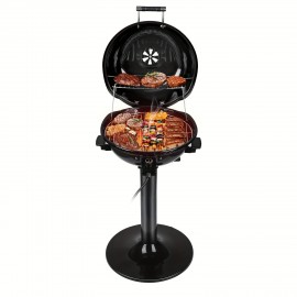1600W Electric BBQ Grill Techwood Indoor/Outdoor Grill | Double Layer Design, Portable Removable Stand, Serves 15, Ideal for Backyard and Home, Black, Stainless Steel, Non-stick Coating, 110V-130V Power Supply