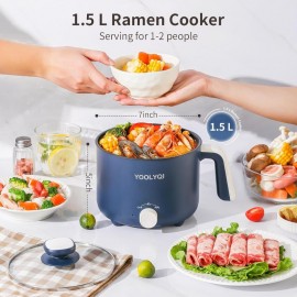 Portable Electric Mini Ramen Cooker with 2-Temp Settings (300W/600W) & Auto Shut-Off - 50.72oz Non-Stick Pot Suitable for Ramen/Noodles/Soup/Oatmeal - Compact for Dorm, Office, Travel - Ideal Gift for Small Kitchens