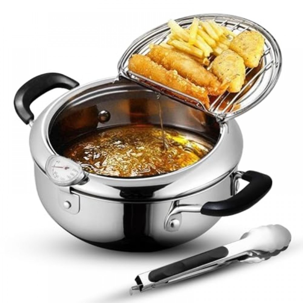 A Deep Fryer Pot Designed for Tempura, Featuring Tongs, Cool-Touch Bakelite Handles, And a Lid Made of 304 Stainless Steel, Measuring 9.4 Inches, Equipped with Temperature Control for Safe And Effective Cooking, Ideal for Making French Fries