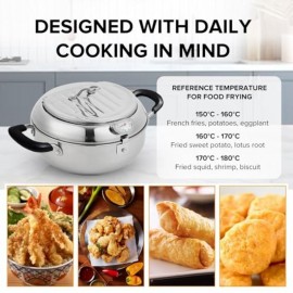 A Deep Fryer Pot Designed for Tempura, Featuring Tongs, Cool-Touch Bakelite Handles, And a Lid Made of 304 Stainless Steel, Measuring 9.4 Inches, Equipped with Temperature Control for Safe And Effective Cooking, Ideal for Making French Fries