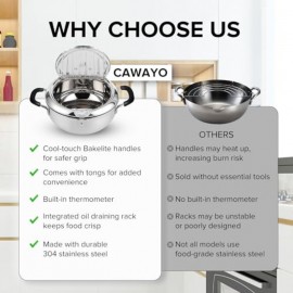 Deep Fryer Tempura Pot with Tongs Cool Touch Bakelite Handles and Lid 304 Stainless Steel 9. 4 Inch with Temperature Control for Safe and Efficient Cooking Great for French Fries Chicken etc