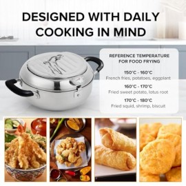 Deep Fryer Tempura Pot with Tongs Cool Touch Bakelite Handles and Lid 304 Stainless Steel 9. 4 Inch with Temperature Control for Safe and Efficient Cooking Great for French Fries Chicken etc
