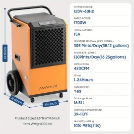 Dehumidifier for Basements, 305 Pint, 9000 Sqft Large Spaces, 38 Gallon/Day.Grade Dehumidifiers, 24H Timer, Continuous Dehumidification, Auto Defrost.