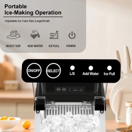 Ice maker machine for countertops, makes 26 lbs of ice in 24 hours and 9 ice cubes in 6 minutes with basket and scoop for self-cleaning.