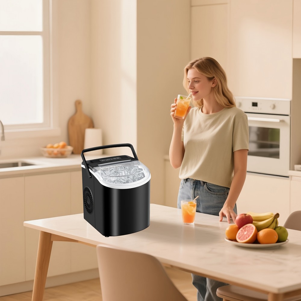 Ice maker machine for countertops, makes 26 lbs of ice in 24 hours and 9 ice cubes in 6 minutes with basket and scoop for self-cleaning.