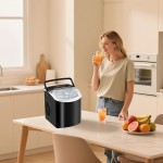 Ice maker machine for countertops, makes 26 lbs of ice in 24 hours and 9 ice cubes in 6 minutes with basket and scoop for self-cleaning.