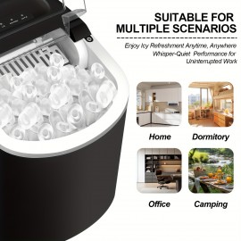Ice maker machine for countertops, makes 26 lbs of ice in 24 hours and 9 ice cubes in 6 minutes with basket and scoop for self-cleaning.