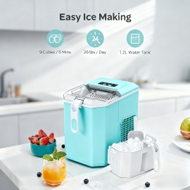 Countertop Ice Maker Machine with Handle | 26lbs Per Day, 9 Ice Cubes Ready in 6 Minutes, Auto Cleaning, Portable with Basket and Scoop for Home Kitchen Camping RV