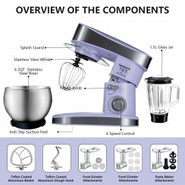 1PC Stand Mixers,6-in-1 6-speed with Pulse Button, Accessories 6.3QT Stainless Steel Bowl, Mixer, Dough Hook, Egg Beater, Spatula, Juicer Accessories, Meat Grinder Accessories and Noodle Pressing Accessories,Purple