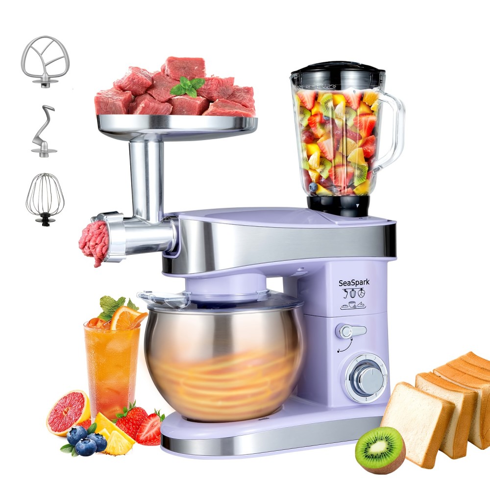 1PC Stand Mixers,6-in-1 6-speed with Pulse Button, Accessories 6.3QT Stainless Steel Bowl, Mixer, Dough Hook, Egg Beater, Spatula, Juicer Accessories, Meat Grinder Accessories and Noodle Pressing Accessories,Purple