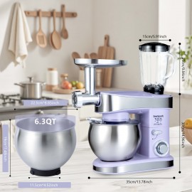 1PC Stand Mixers,6-in-1 6-speed with Pulse Button, Accessories 6.3QT Stainless Steel Bowl, Mixer, Dough Hook, Egg Beater, Spatula, Juicer Accessories, Meat Grinder Accessories and Noodle Pressing Accessories,Purple