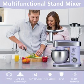 1PC Stand Mixers,6-in-1 6-speed with Pulse Button, Accessories 6.3QT Stainless Steel Bowl, Mixer, Dough Hook, Egg Beater, Spatula, Juicer Accessories, Meat Grinder Accessories and Noodle Pressing Accessories,Purple