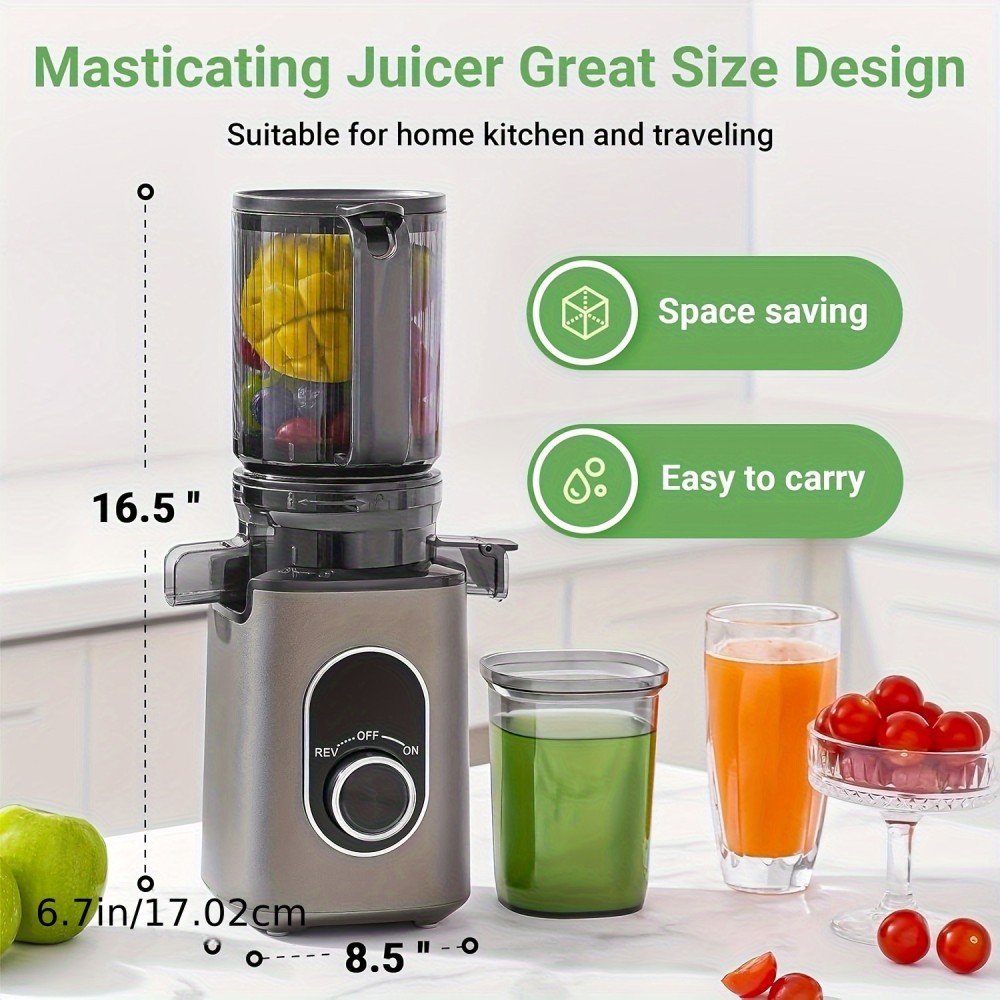 Slow Masticating Juicer with 4.35'' Wide Feed Chute - Compact Cold Press Juicer for Home & Travel, High Juice Yield, Easy to Clean, Durable Food-Grade Plastic Design, Portable Juicer, Kitchen Appliance, Modern Kitchenware, Easyclean Material